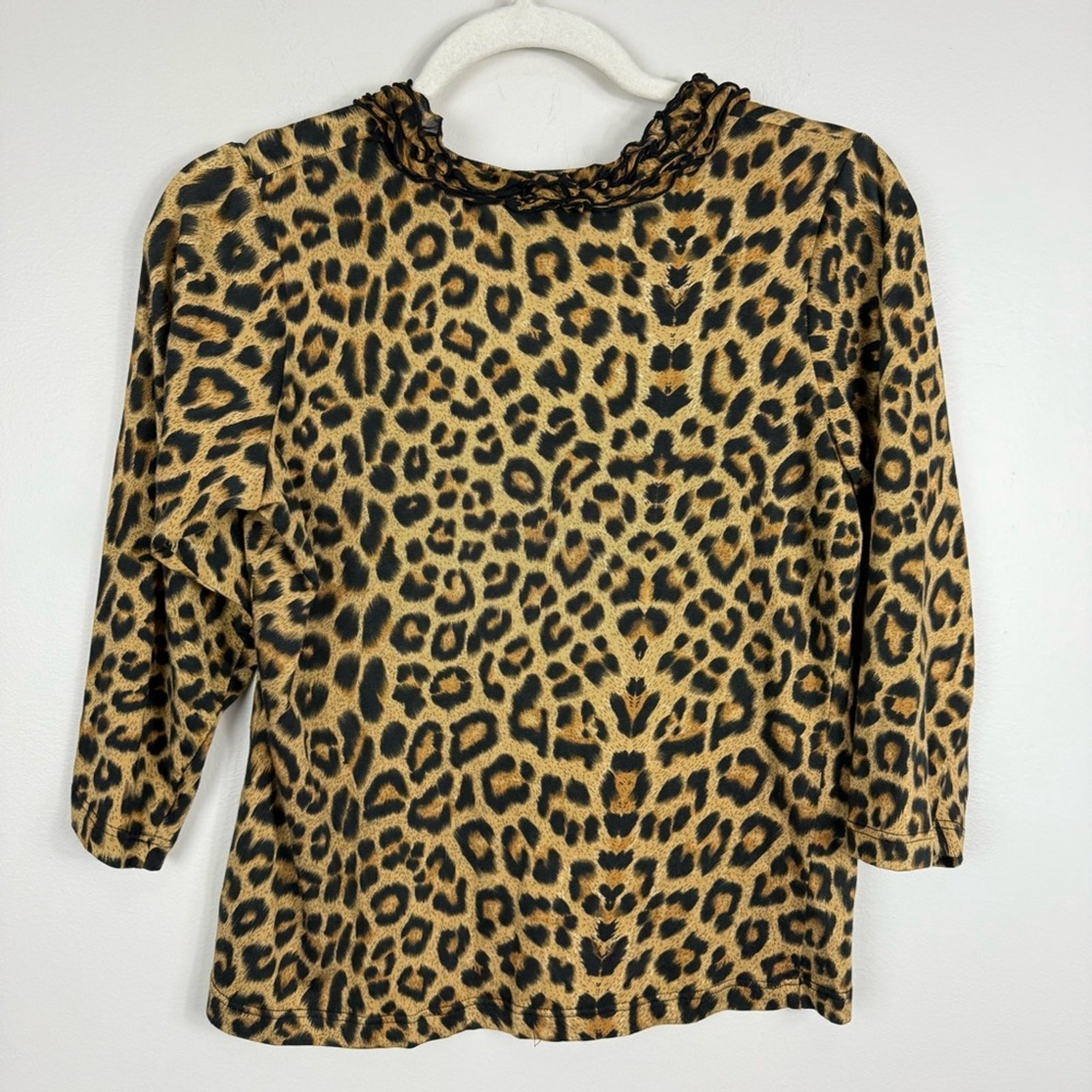 Dolcetti Leopard Print Ruffle V-Neck Women Medium Silk Top Brown Black Y2K