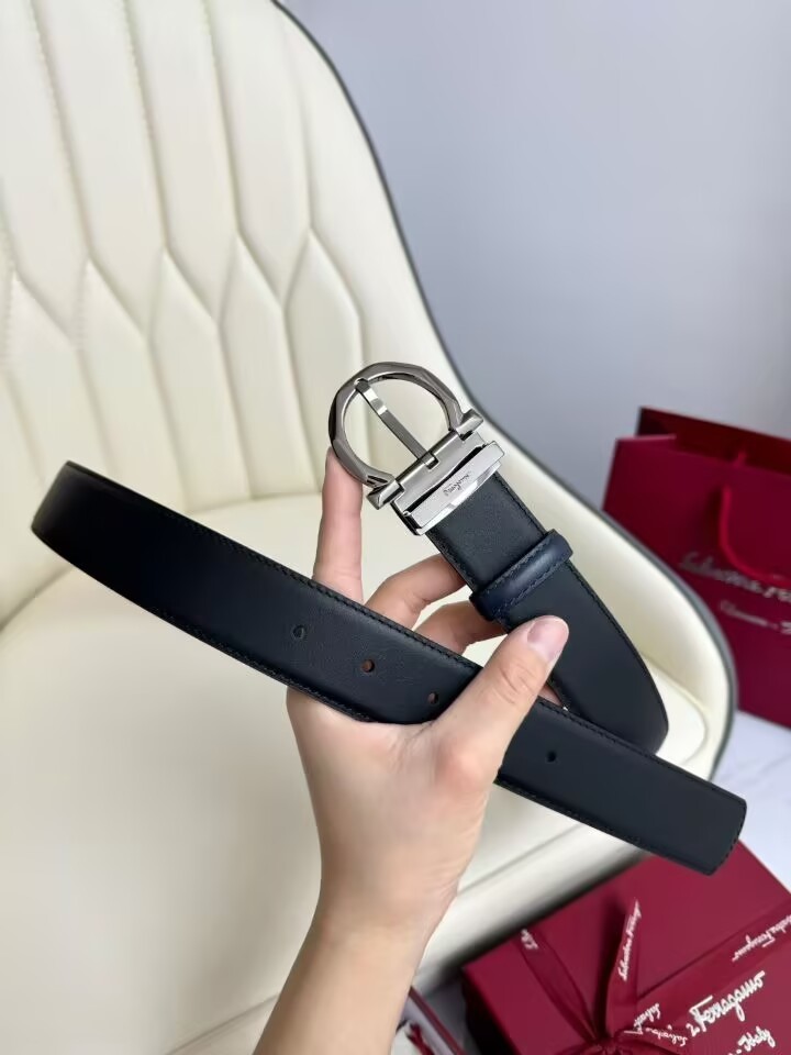 ADJUSTABLE REVERSIBLE DARK BLACK/BLUE SALVATORE FERRAGAMO BELT SILVER BUCKLE