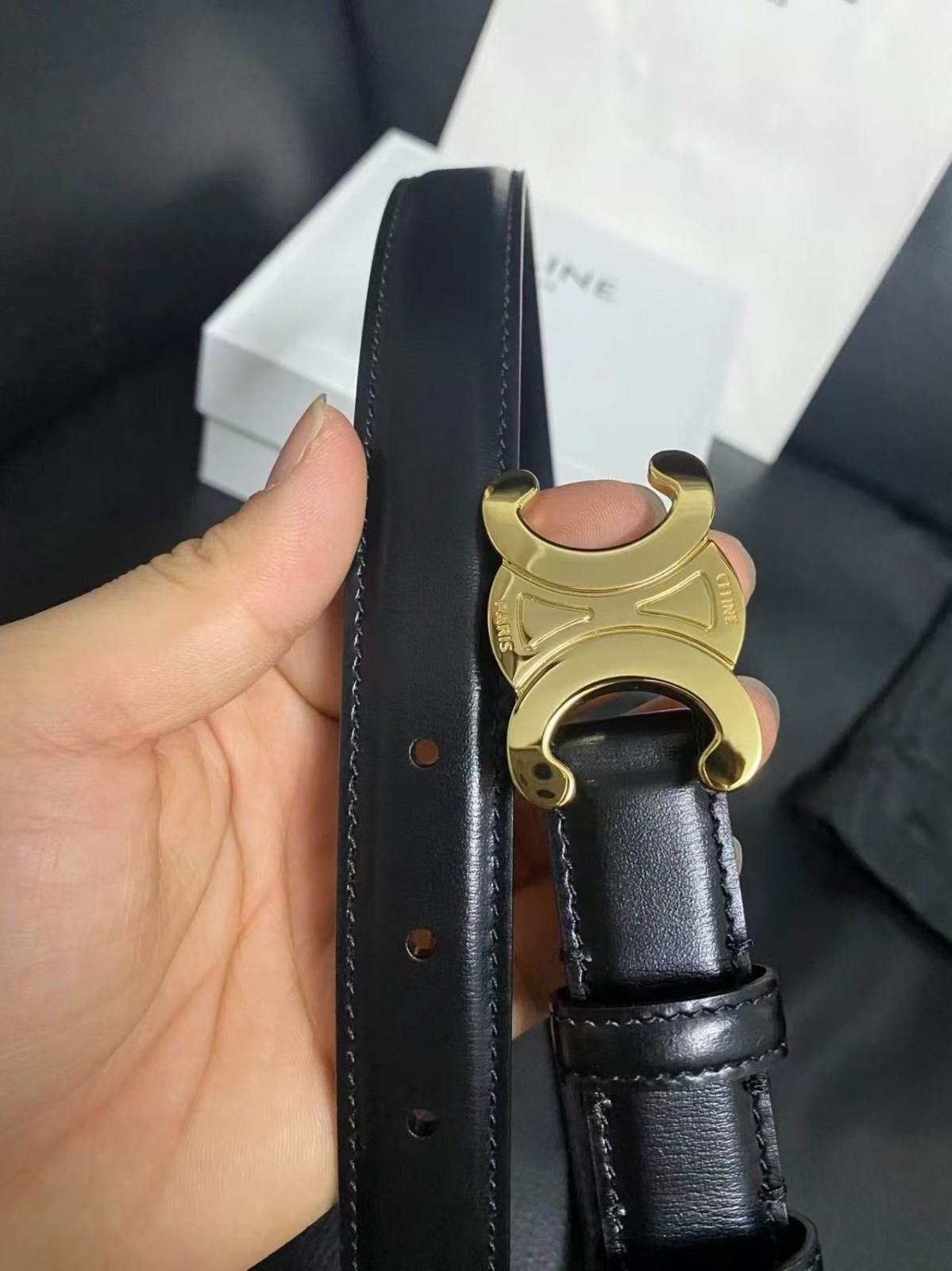 CELINE Women’s Black Fashion Belt Logo Buckle Gold-Plated Hardware Size 85