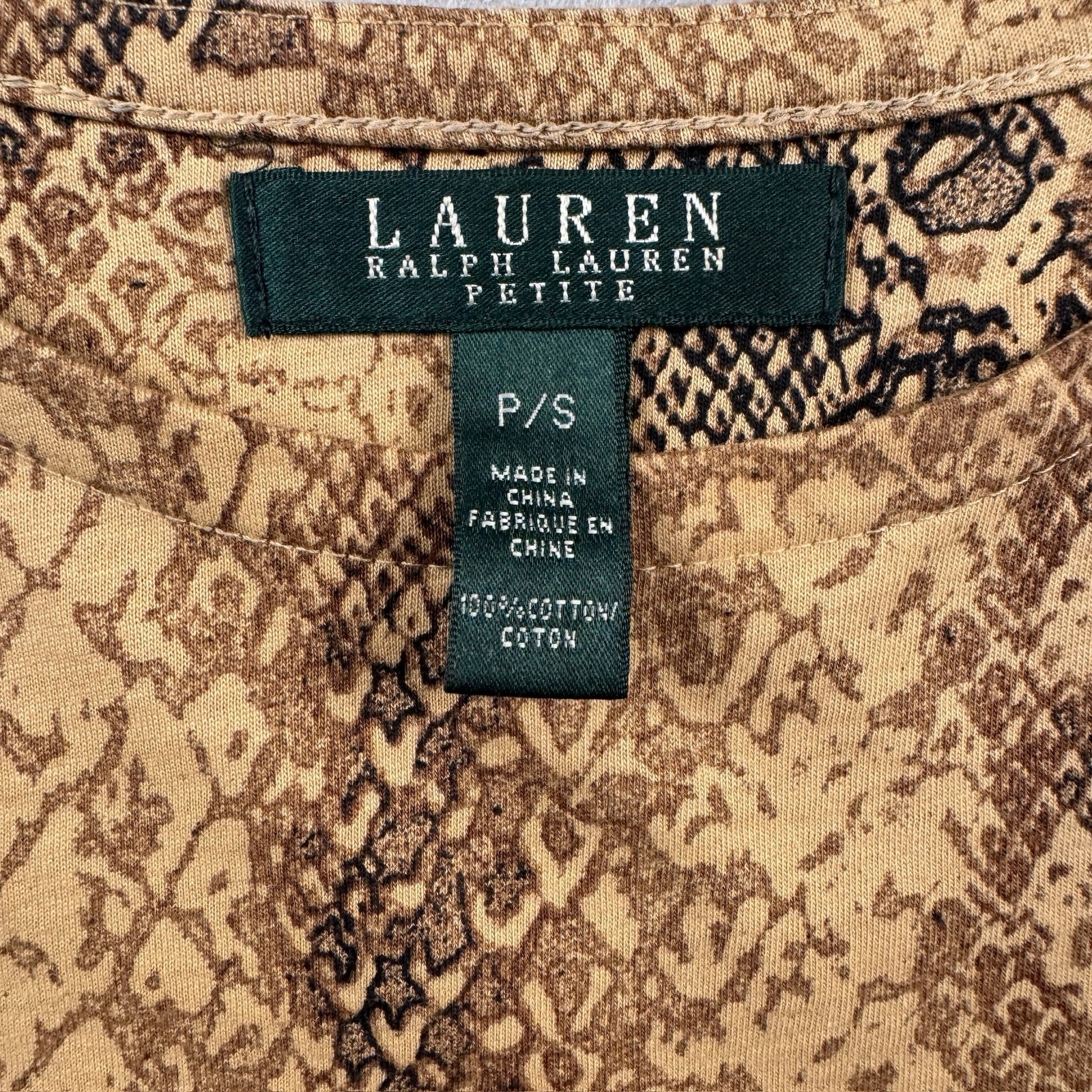 Lauren Ralph Lauren Shirt Womens PS Brown Snake Print Cotton Tee Top Casual