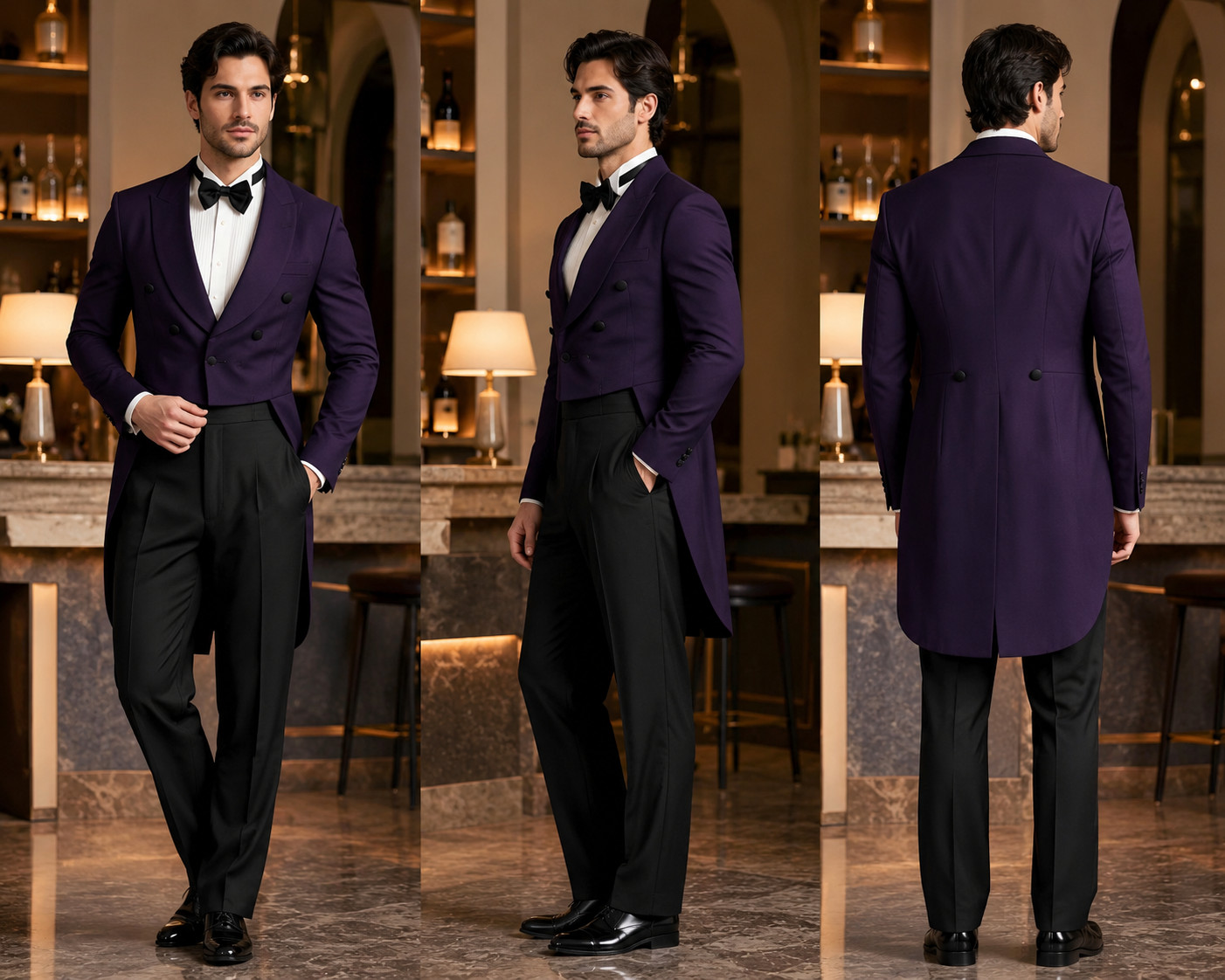 Men Purple Tailcoat Tuxedo Suit Double Breasted Jacket Pants Formal Prom