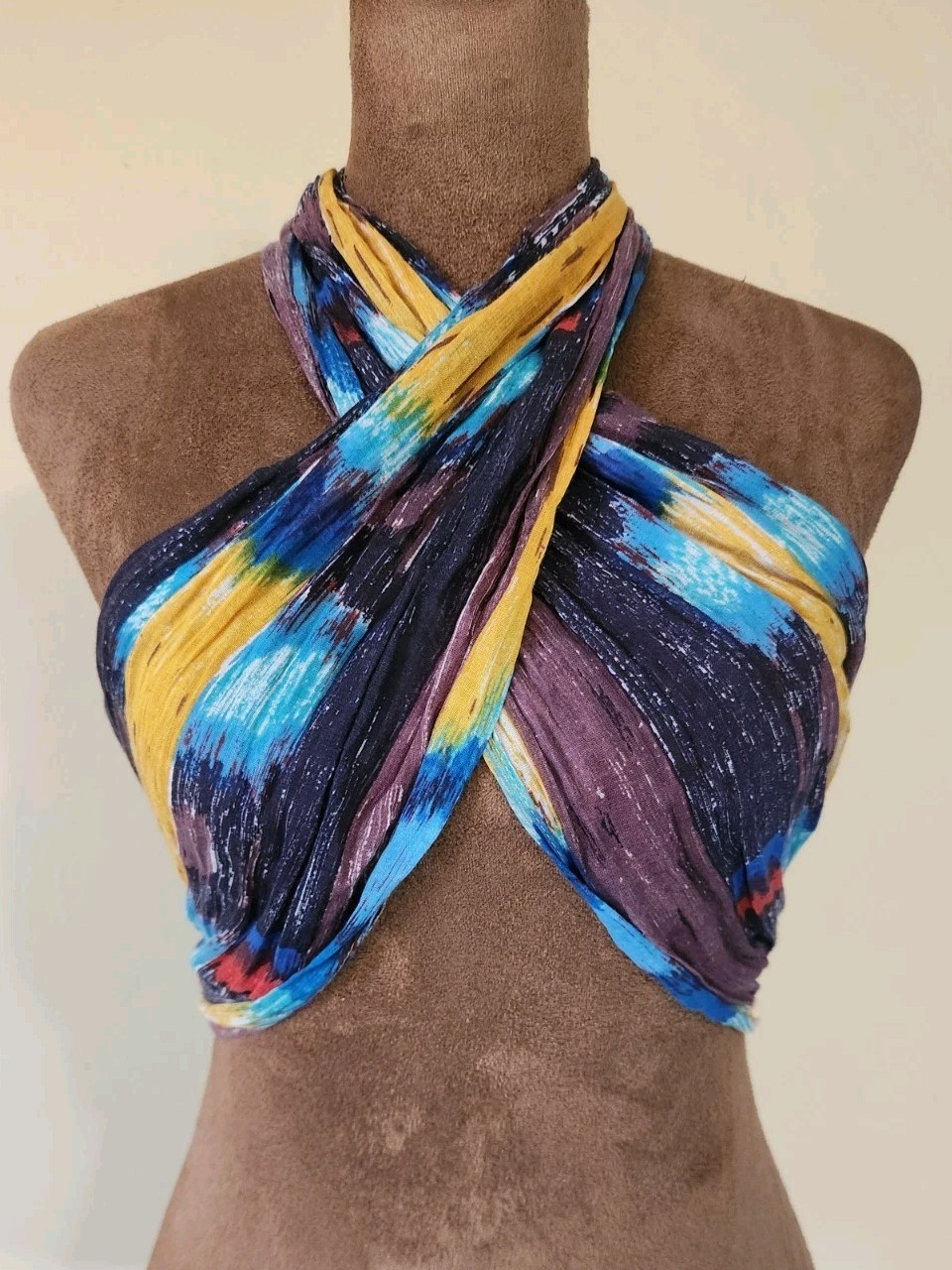Bohemian Aztec Scarf Blue Yellow Beaded Fringe Multifunctional Long Lightweight