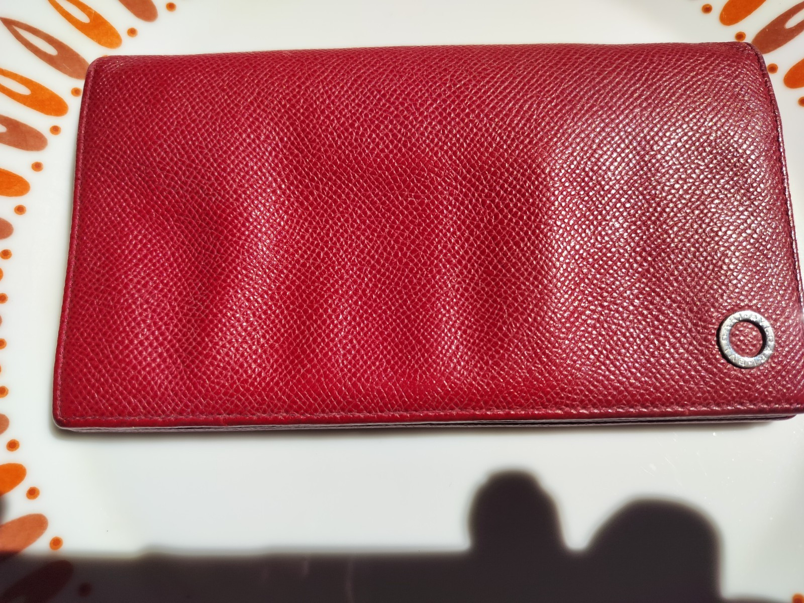 BVLGARI Red Leather Authentic Circle Logo Bi-fold Long Wallet W18×H11cm/4″X7″