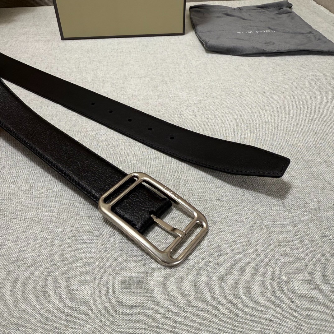 Tom Ford Mens Black Leather Silvery Metal Buckle Belt 3.5cm