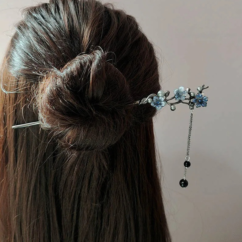 1 pc Women’s Tassel Hair Stick Black Beads Fringe Hanfu Hairpin