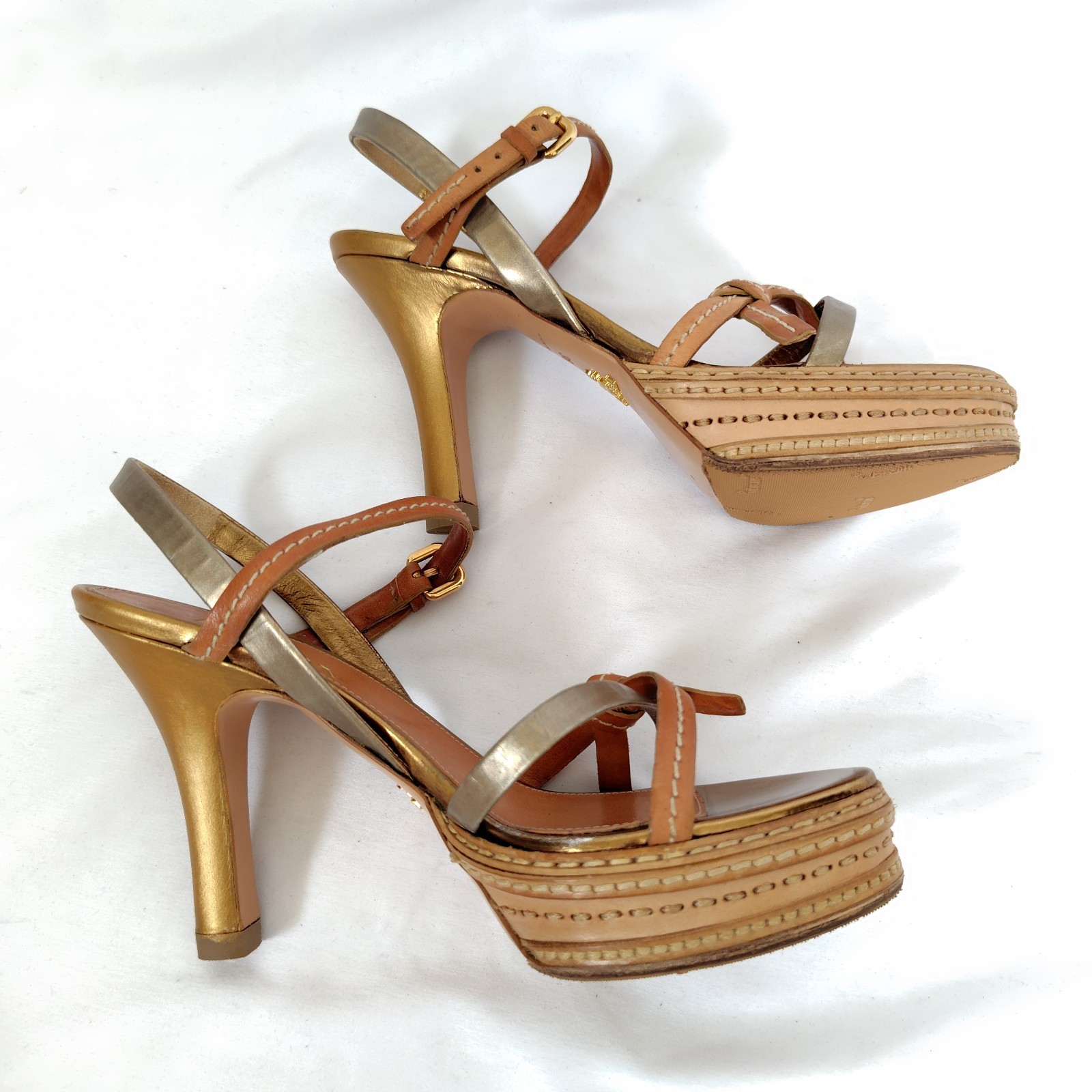 PRADA Wedge Platform Sandals Natural Brown Gold Silver Ribbon EU 36 11cm Heel
