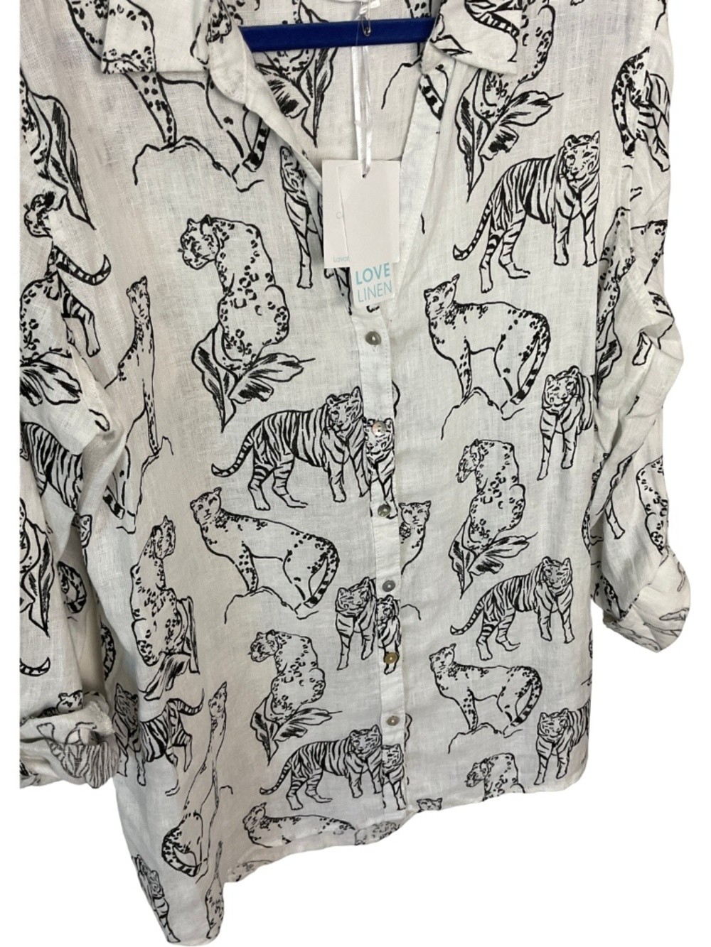 Cynthia Rowley 100% Linen Wild Cat Print Roll Tab Sleeve Top White M NWT