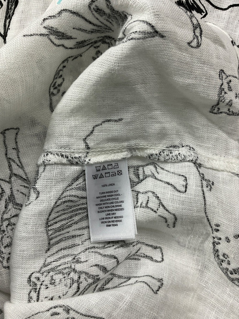 Cynthia Rowley 100% Linen Wild Cat Print Roll Tab Sleeve Top White M NWT