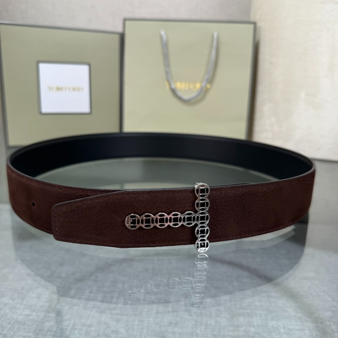 Authentic Tom Ford Men’s Reversible Calfskin Leather Black/Brown Belt T-Buckle