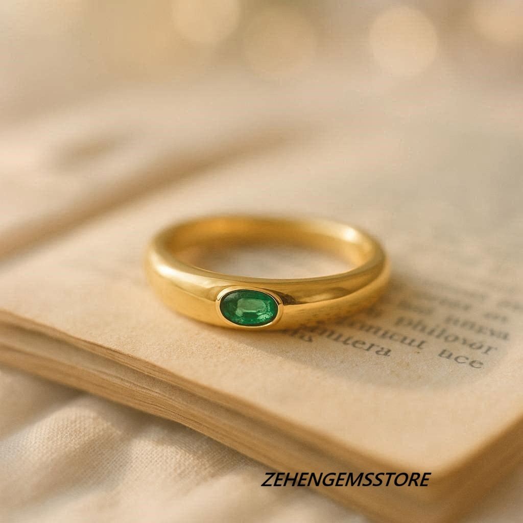Lab Created Emerald Ring 925 Sterling Silver Gold Plated Oval Band Ring