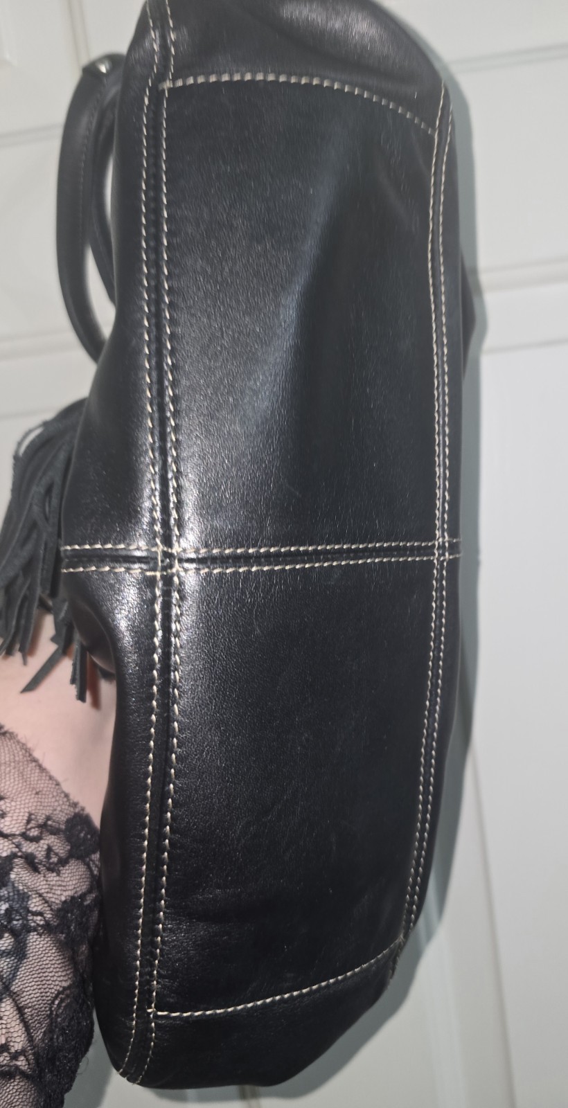 B. Makowsky Black Medium Shoulder Bag Buckle Tassel Silver Hardware Paisley