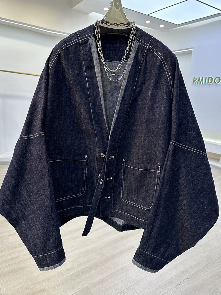 Unisex Japanese Batwing Sleeves Noragi Kimono Cardigan Denim Jeans Jacket Hot