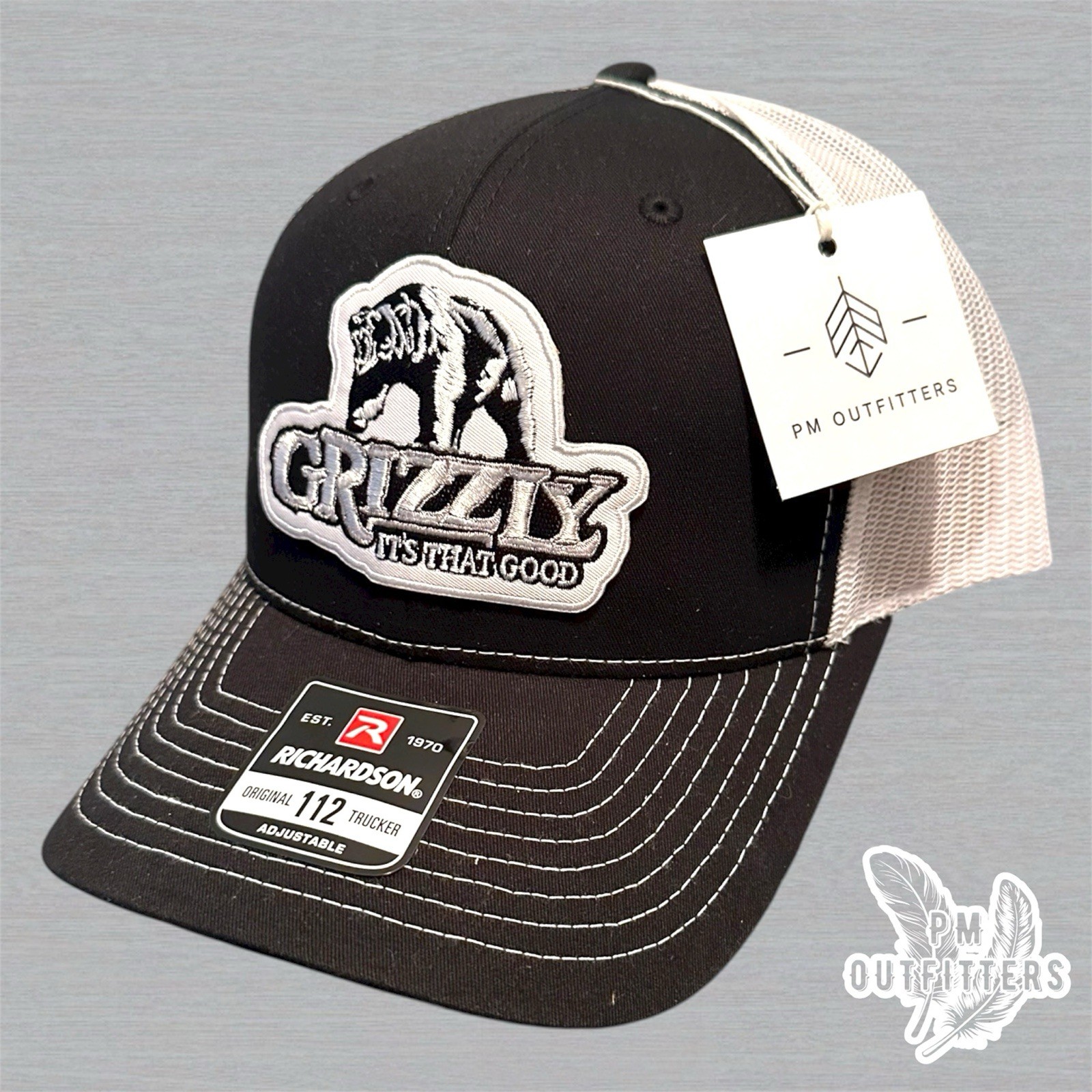 Retro Grizzly Tobacco Patch Richardson 112 Trucker Hat Black/White Snapback