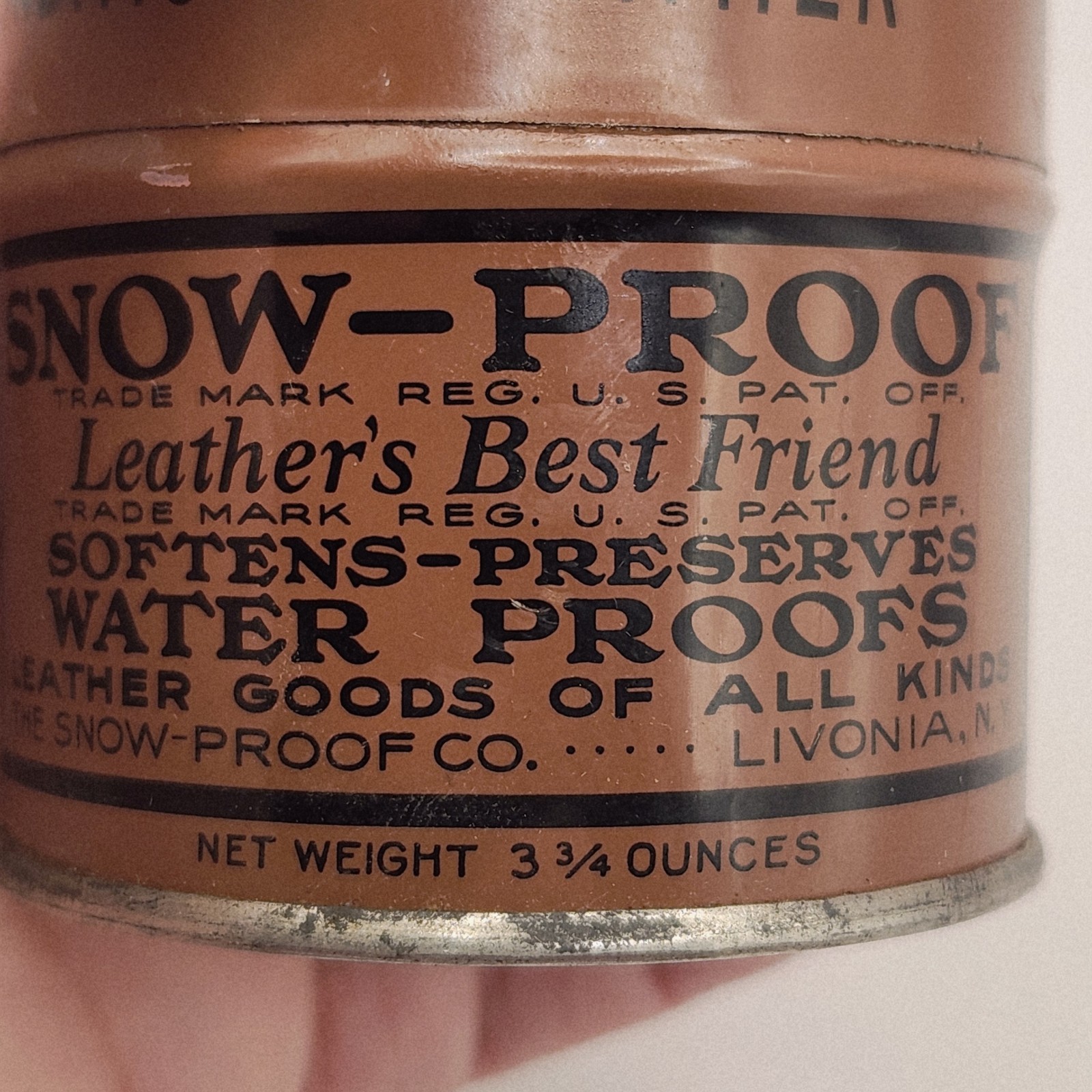 Vintage Snow-Proof Leather Conditioner Water Proofs 3 & 3/4 Oz. Tin Can Partial