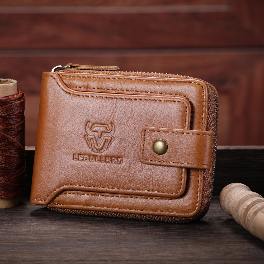 Genuine Leather Wallet Men Large Capacity ID Window Card Case Zip Coin Pocket