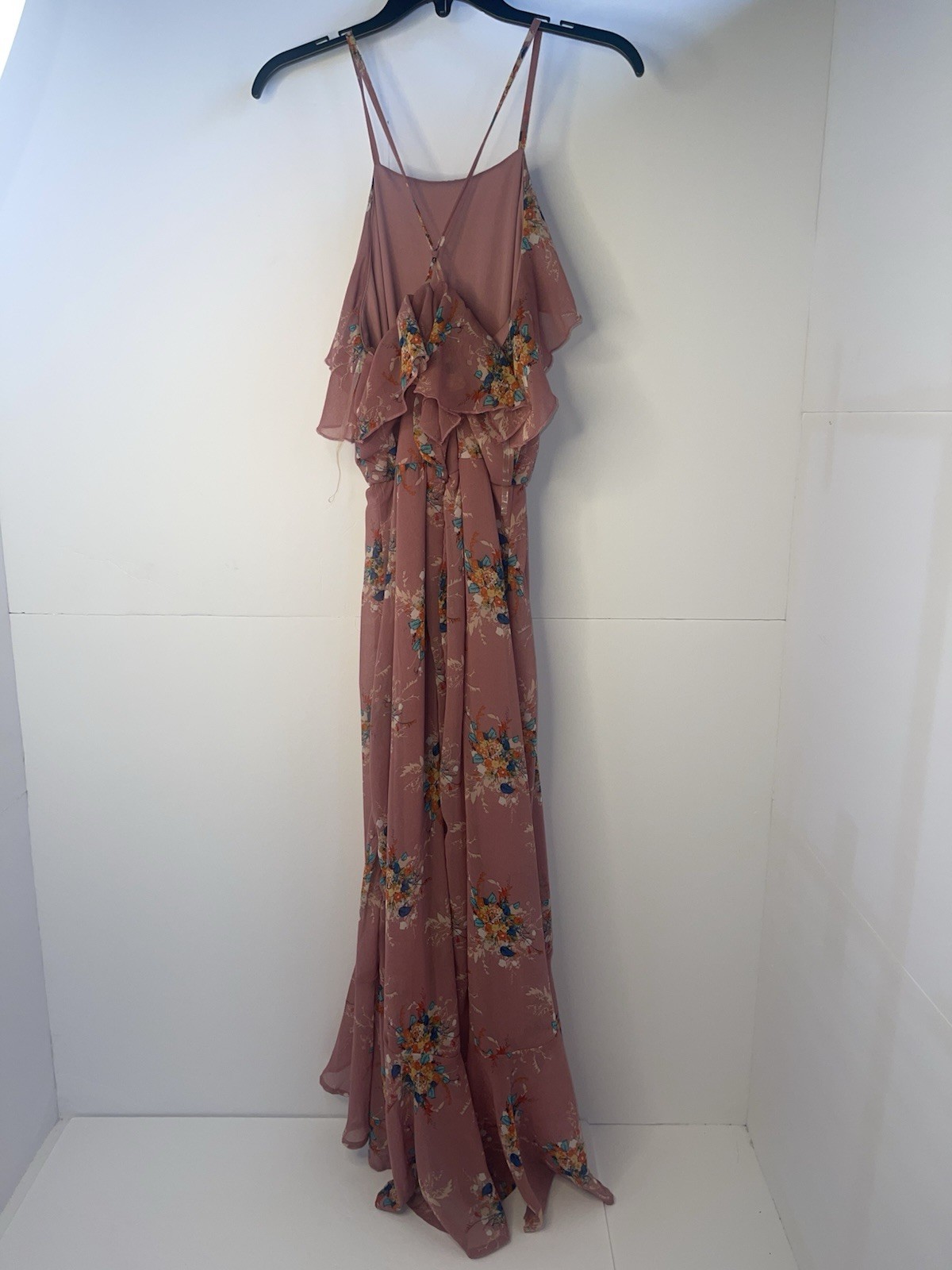 As U Wish Women’s Pink Floral Chiffon V-Neck Strappy Ruffle Maxi Dress XL